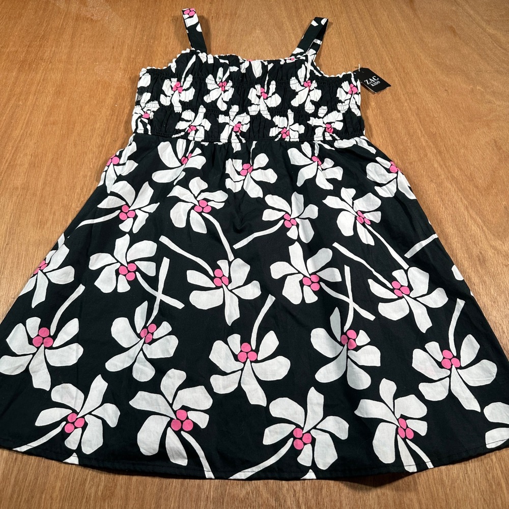 Zac Kids Floral Sundress Girls XXL 18 Black White Pink Smocked Cotton